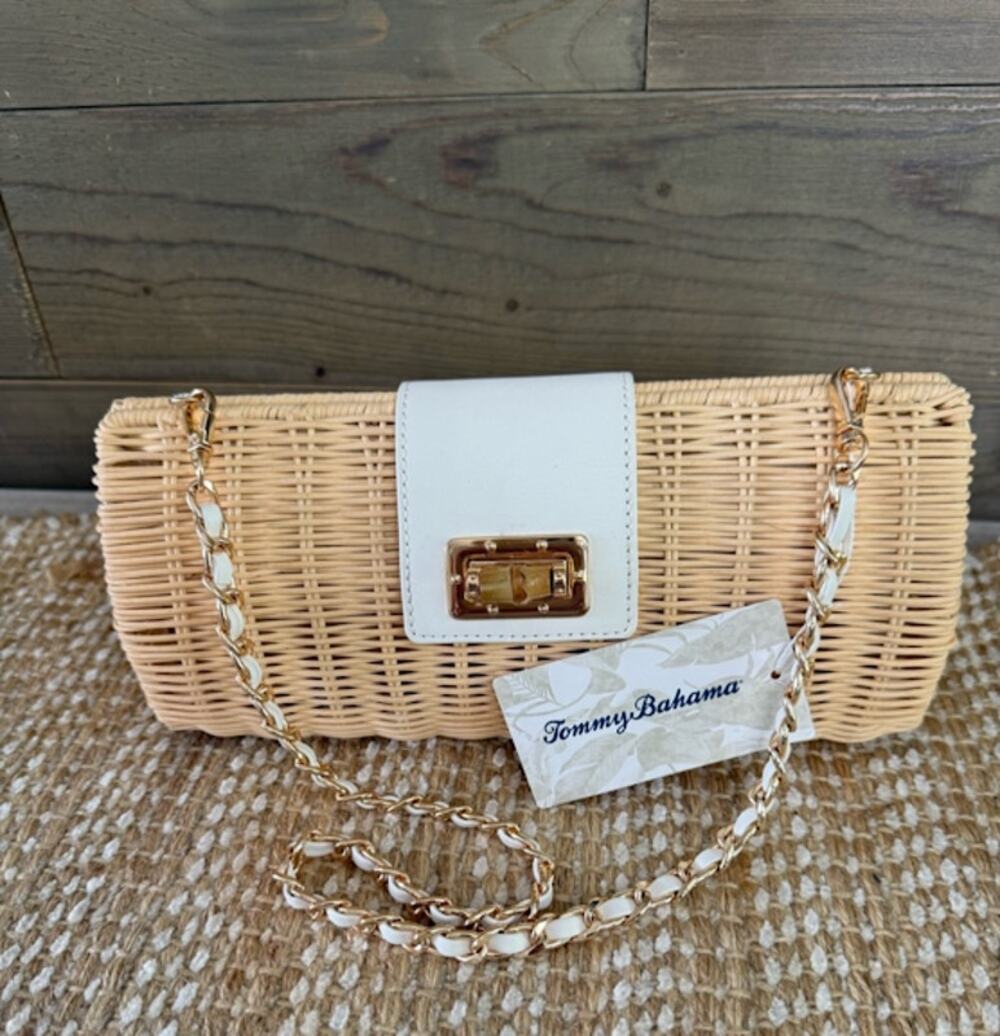 Tommy Bahama Natural Straw Crossbody Bag Clutch White Leather Trim Gold NWT